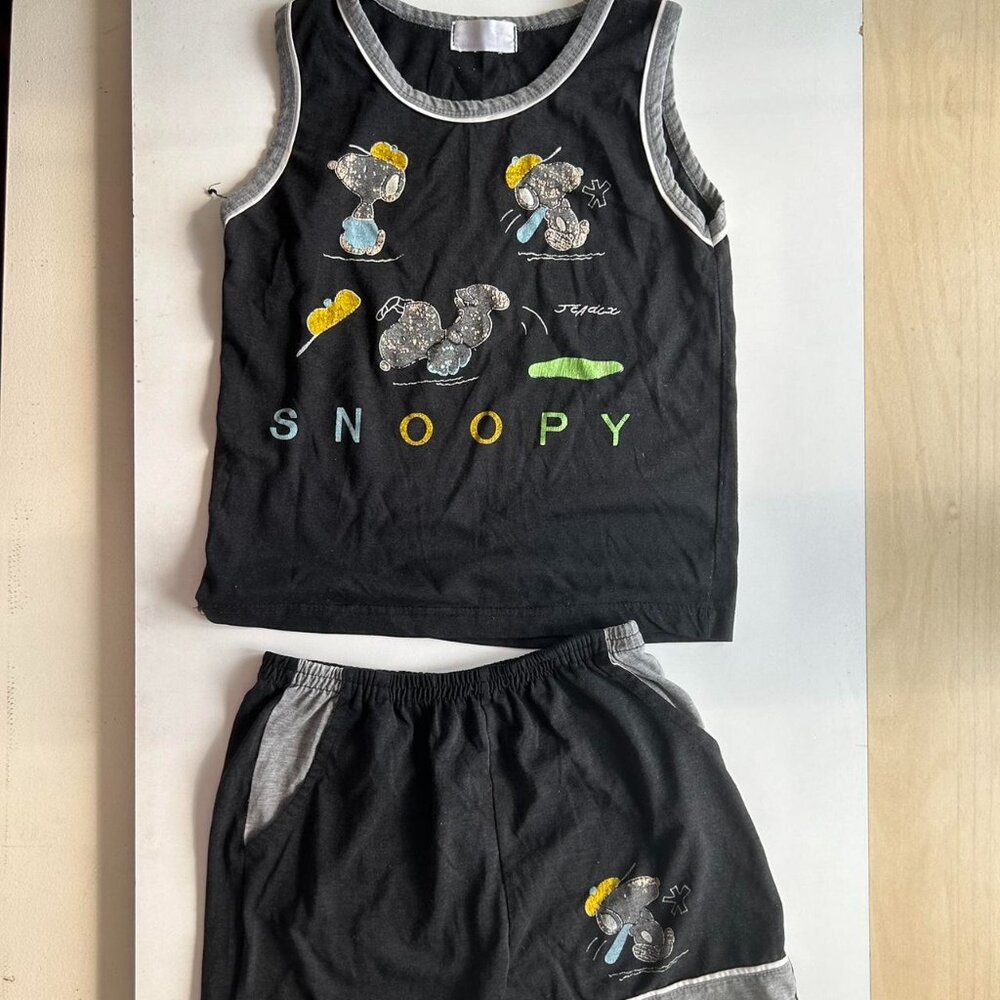 Vintage Snoopy pj set for youth Black and grey Snoopy tank top and shorts set ki